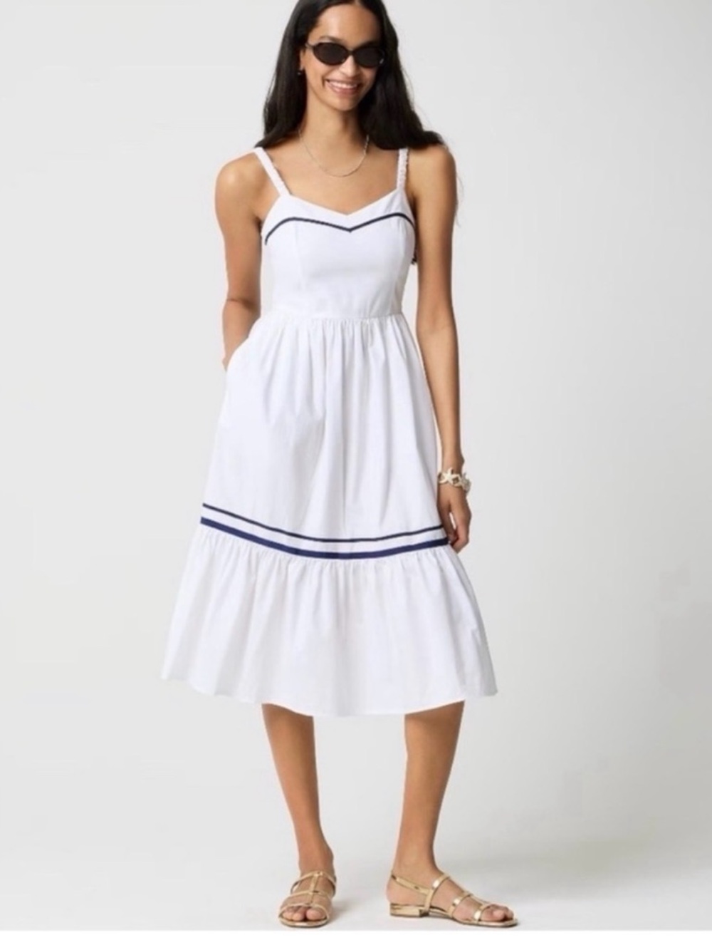 J. Crew White Midi corset Dress with Navy Trim